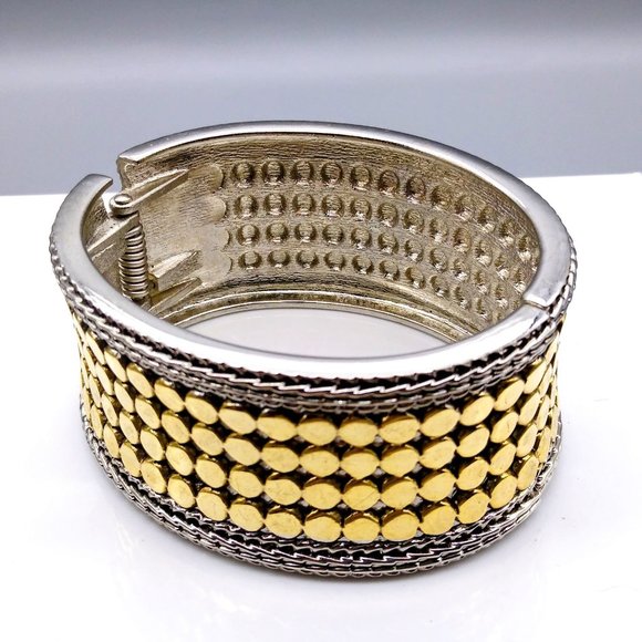 Chunky Retro Clamper Bracelet, Two Tone Wide Vintage Hinged Bangle - Picture 4 of 4